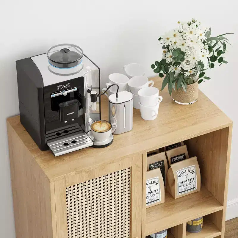 JVNOXK Buffet de Rangement de Style Médiéval 34 Pouces avec Fonction Casier à Vin, Idéal pour les Salles à Manger et Salons, Naturel