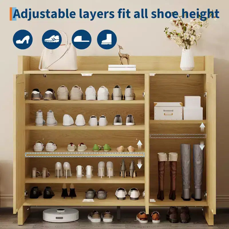 Meuble à chaussures multi-niveaux COZONY avec portes en rotin et étagères réglables pour entrée et couloir