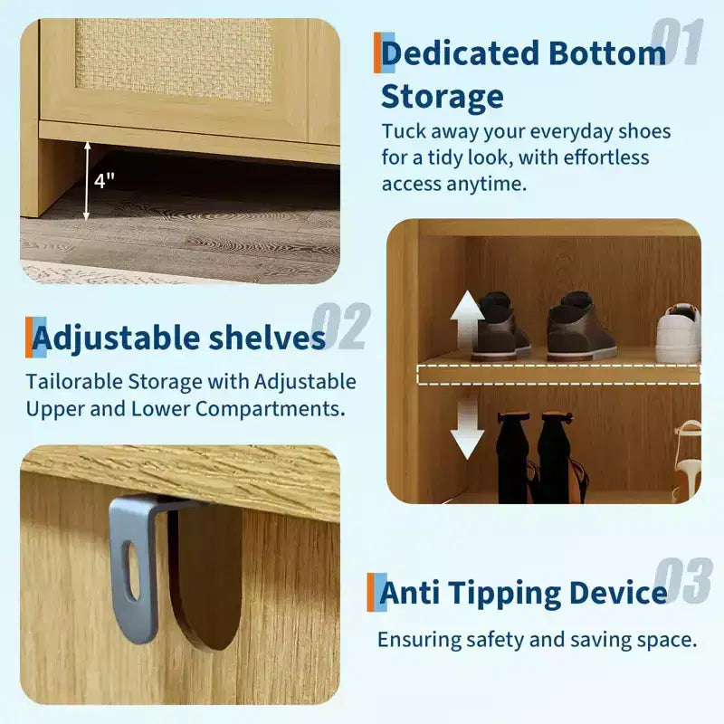 Meuble à chaussures multi-niveaux COZONY avec portes en rotin et étagères réglables pour entrée et couloir