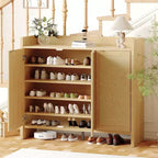 Meuble à chaussures multi-niveaux COZONY avec portes en rotin et étagères réglables pour entrée et couloir