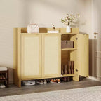 Meuble à chaussures multi-niveaux COZONY avec portes en rotin et étagères réglables pour entrée et couloir