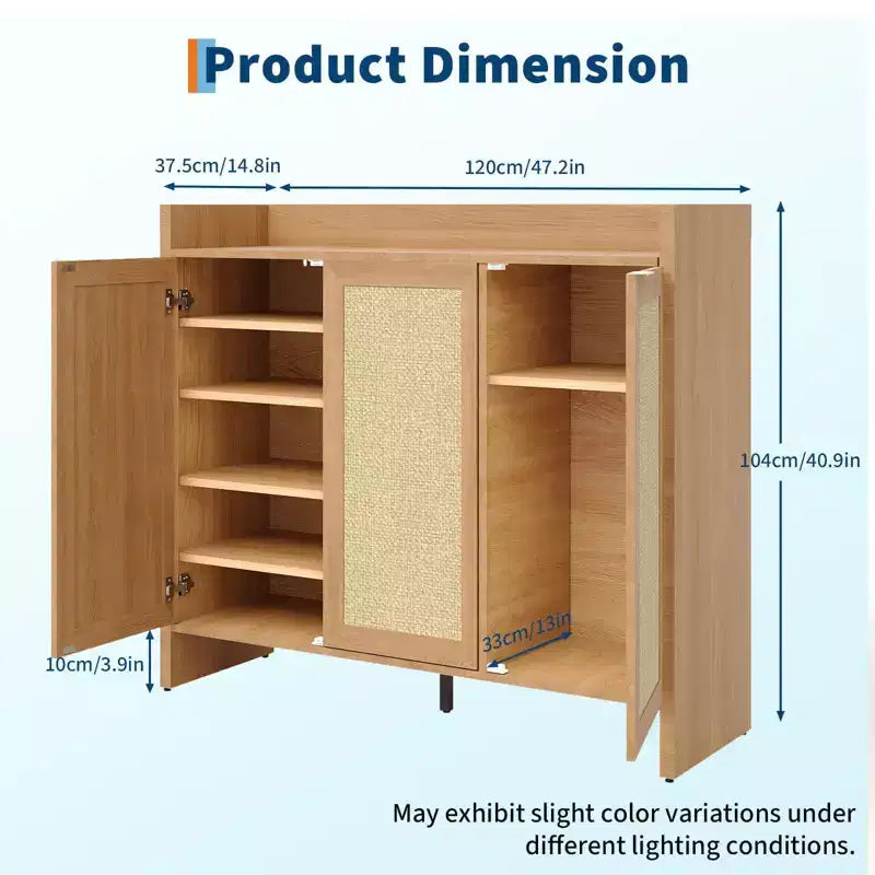 Meuble à chaussures multi-niveaux COZONY avec portes en rotin et étagères réglables pour entrée et couloir