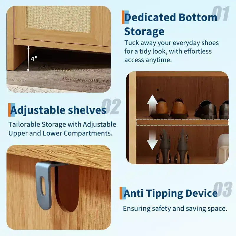 Meuble à chaussures multi-niveaux COZONY avec portes en rotin et étagères réglables pour entrée et couloir