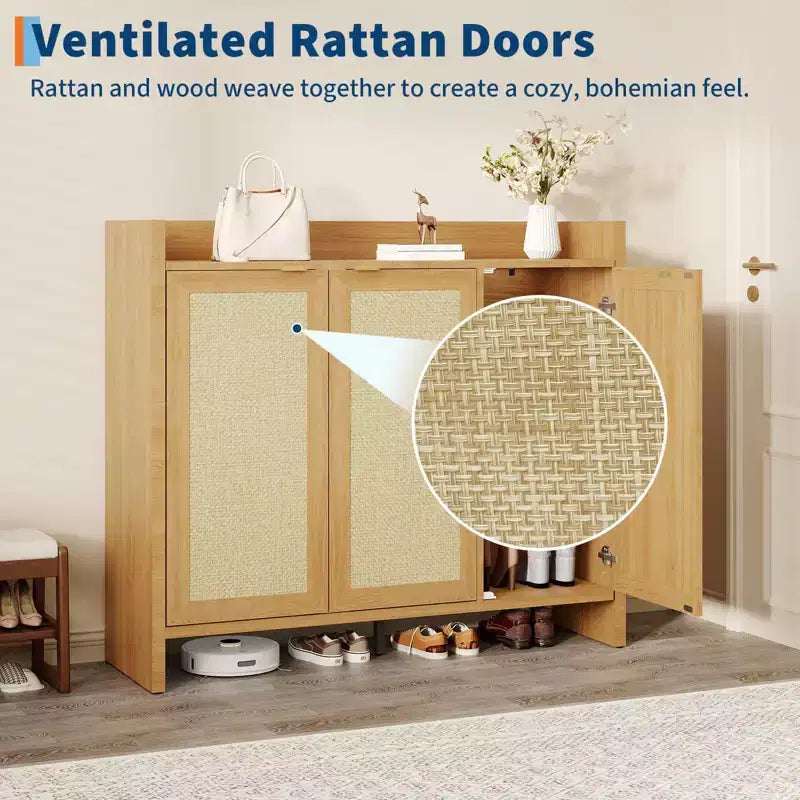 Meuble à chaussures multi-niveaux COZONY avec portes en rotin et étagères réglables pour entrée et couloir
