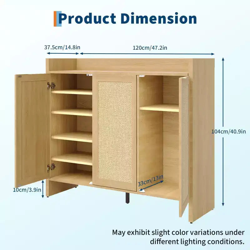 Meuble à chaussures multi-niveaux COZONY avec portes en rotin et étagères réglables pour entrée et couloir