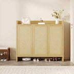 Meuble à chaussures multi-niveaux COZONY avec portes en rotin et étagères réglables pour entrée et couloir