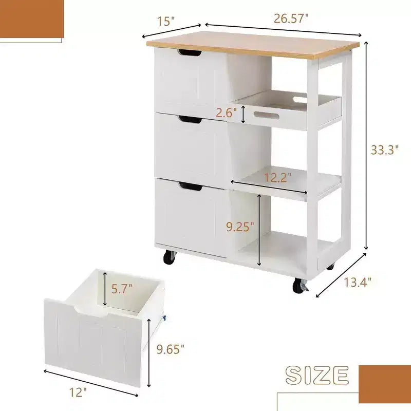 Chariot d'îlot de cuisine Celebalcony avec rangement, meuble de rangement d'îlot de cuisine roulant, table d'appoint sur roulettes, 3 étagères ouvertes et tiroirs pour la cuisine