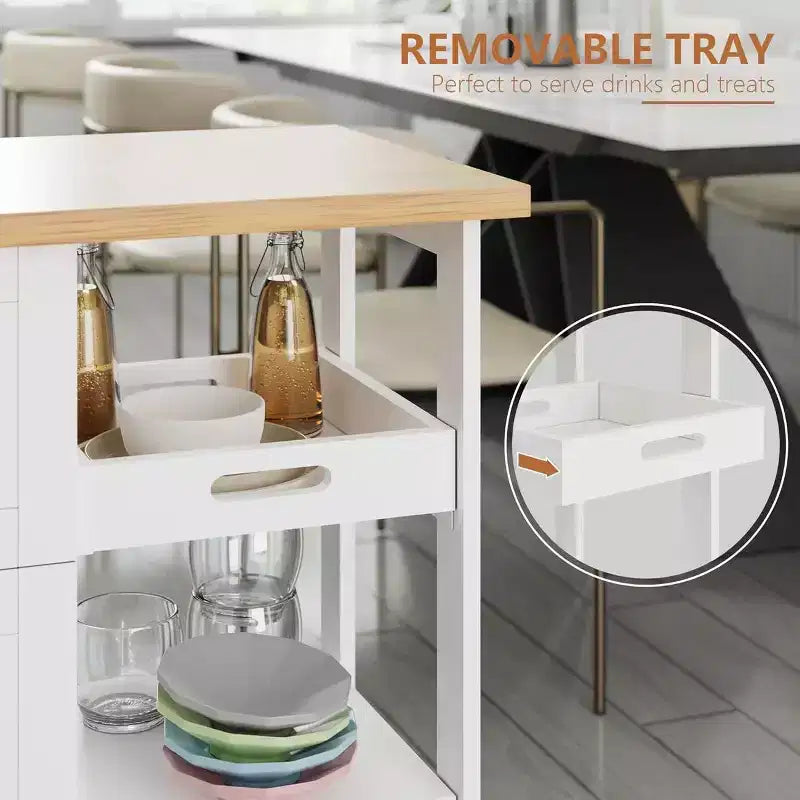 Chariot d'îlot de cuisine Celebalcony avec rangement, meuble de rangement d'îlot de cuisine roulant, table d'appoint sur roulettes, 3 étagères ouvertes et tiroirs pour la cuisine