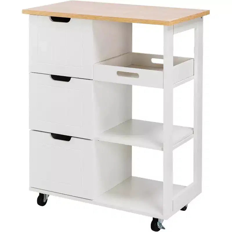 Chariot d'îlot de cuisine Celebalcony avec rangement, meuble de rangement d'îlot de cuisine roulant, table d'appoint sur roulettes, 3 étagères ouvertes et tiroirs pour la cuisine