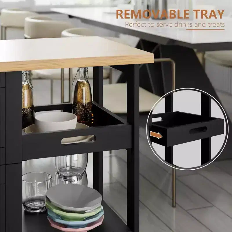Chariot d'îlot de cuisine Celebalcony avec rangement, meuble de rangement d'îlot de cuisine roulant, table d'appoint sur roulettes, 3 étagères ouvertes et tiroirs pour la cuisine