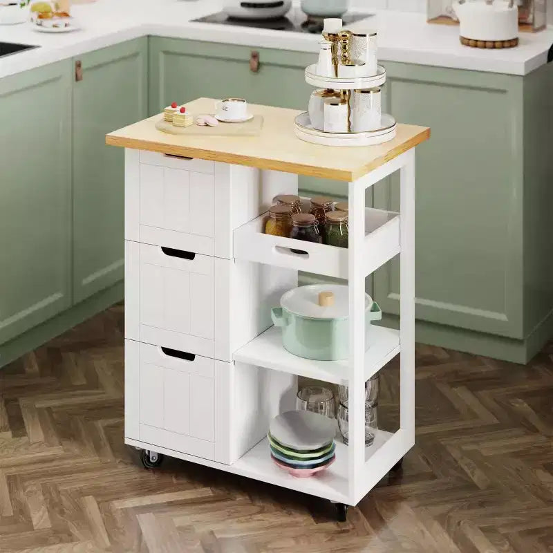Chariot d'îlot de cuisine Celebalcony avec rangement, meuble de rangement d'îlot de cuisine roulant, table d'appoint sur roulettes, 3 étagères ouvertes et tiroirs pour la cuisine