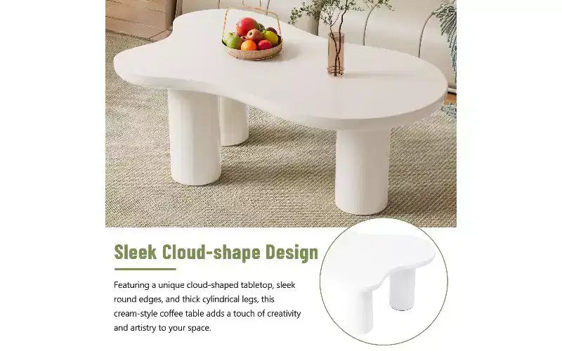 Table basse TUYOHW en MDF en forme de nuage avec bord arrondi, pieds cylindriques épais, table d'appoint irrégulière à 3 pieds robustes pour le salon