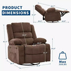 Fauteuil inclinable pivotant à 360° pour adultes, canapé-planeur manuel à bascule avec 3 positions, 2 porte-gobelets, 4 poches pour salon, chambre à coucher