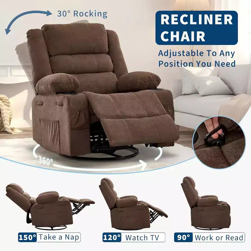 Fauteuil inclinable pivotant à 360° pour adultes, canapé-planeur manuel à bascule avec 3 positions, 2 porte-gobelets, 4 poches pour salon, chambre à coucher