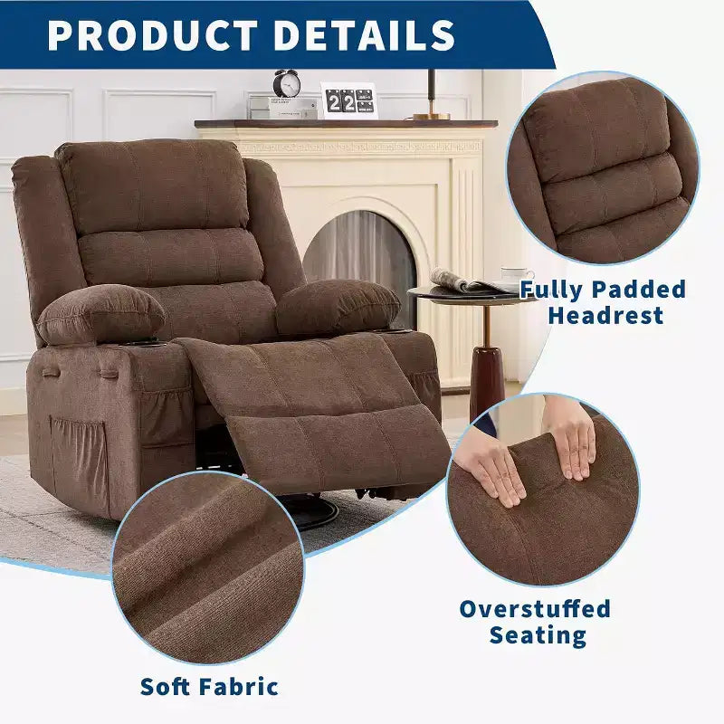 Fauteuil inclinable pivotant à 360° pour adultes, canapé-planeur manuel à bascule avec 3 positions, 2 porte-gobelets, 4 poches pour salon, chambre à coucher