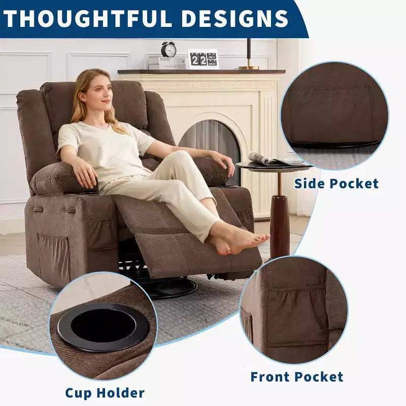 Fauteuil inclinable pivotant à 360° pour adultes, canapé-planeur manuel à bascule avec 3 positions, 2 porte-gobelets, 4 poches pour salon, chambre à coucher
