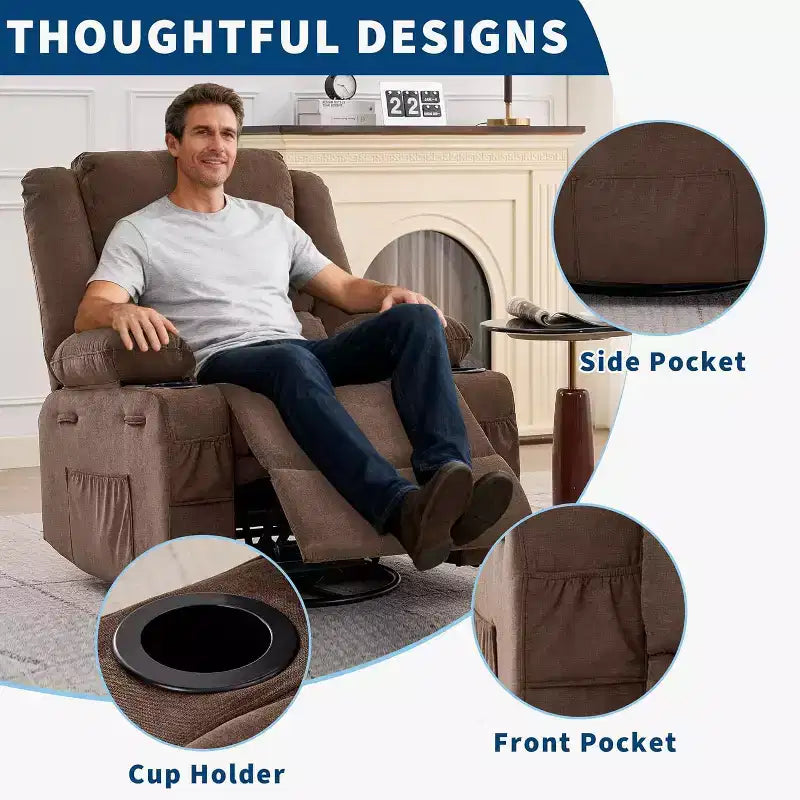 Fauteuil inclinable pivotant à 360° pour adultes, canapé-planeur manuel à bascule avec 3 positions, 2 porte-gobelets, 4 poches pour salon, chambre à coucher