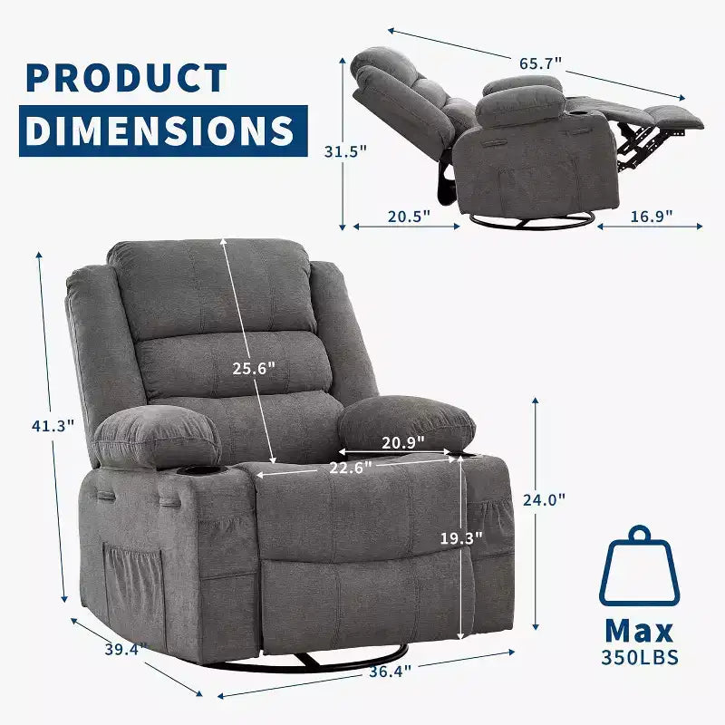 Fauteuil inclinable pivotant à 360° pour adultes, canapé-planeur manuel à bascule avec 3 positions, 2 porte-gobelets, 4 poches pour salon, chambre à coucher