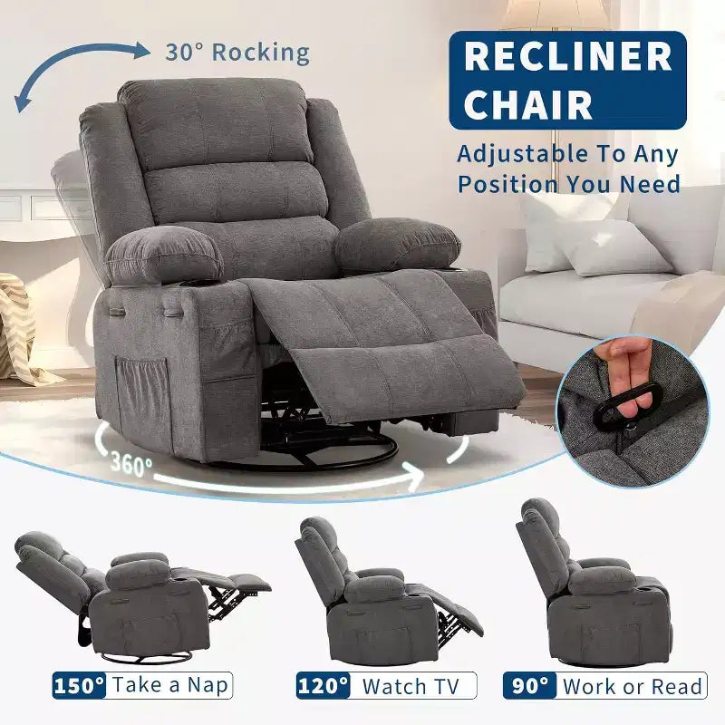 Fauteuil inclinable pivotant à 360° pour adultes, canapé-planeur manuel à bascule avec 3 positions, 2 porte-gobelets, 4 poches pour salon, chambre à coucher