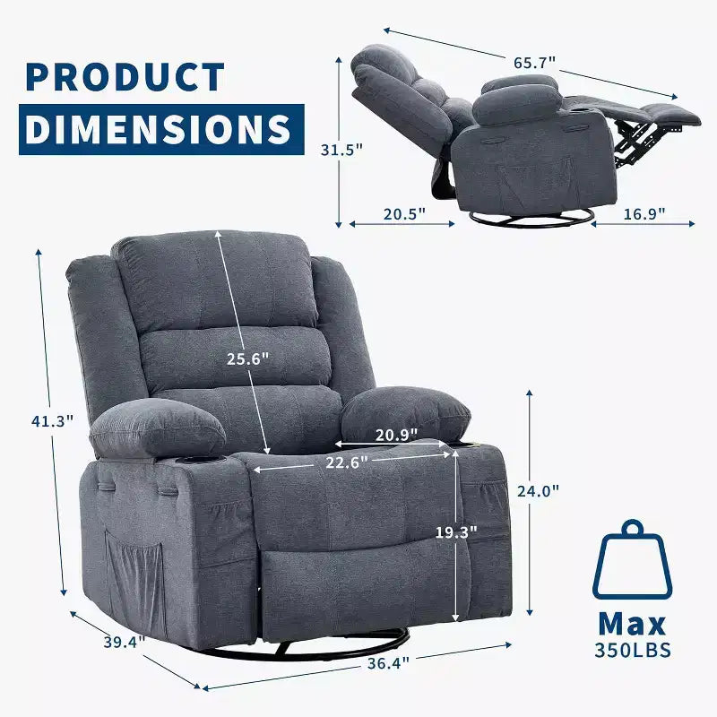 Fauteuil inclinable pivotant à 360° pour adultes, canapé-planeur manuel à bascule avec 3 positions, 2 porte-gobelets, 4 poches pour salon, chambre à coucher