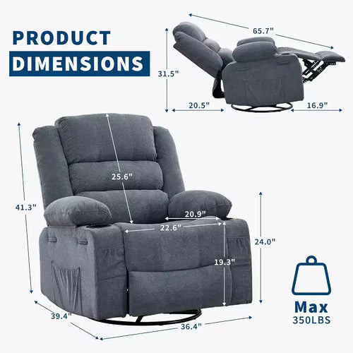 Fauteuil inclinable pivotant à 360° pour adultes, canapé-planeur manuel à bascule avec 3 positions, 2 porte-gobelets, 4 poches pour salon, chambre à coucher