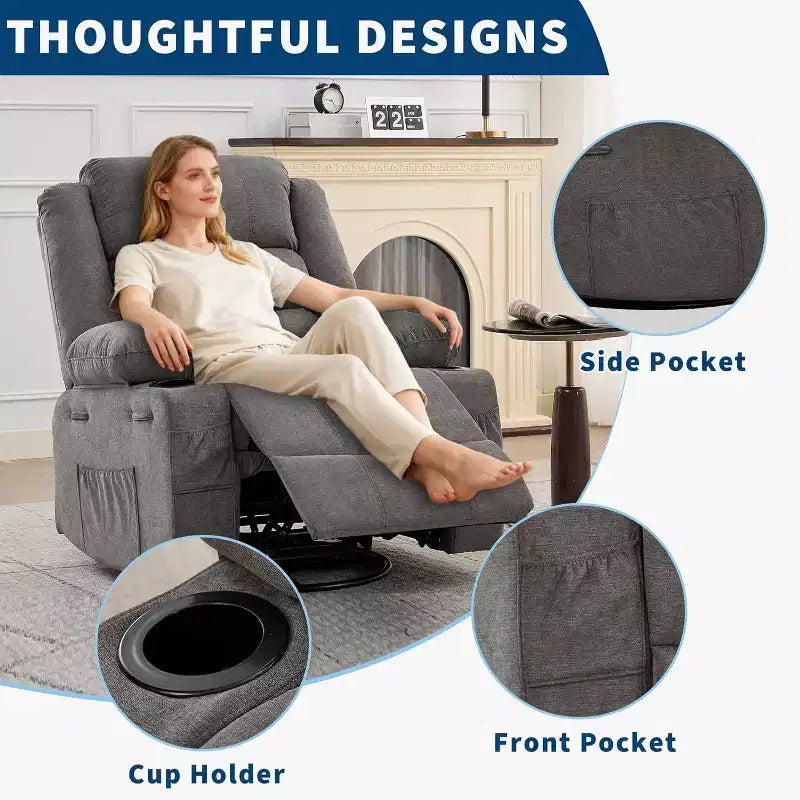 Fauteuil inclinable pivotant à 360° pour adultes, canapé-planeur manuel à bascule avec 3 positions, 2 porte-gobelets, 4 poches pour salon, chambre à coucher