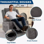 Fauteuil inclinable pivotant à 360° pour adultes, canapé-planeur manuel à bascule avec 3 positions, 2 porte-gobelets, 4 poches pour salon, chambre à coucher