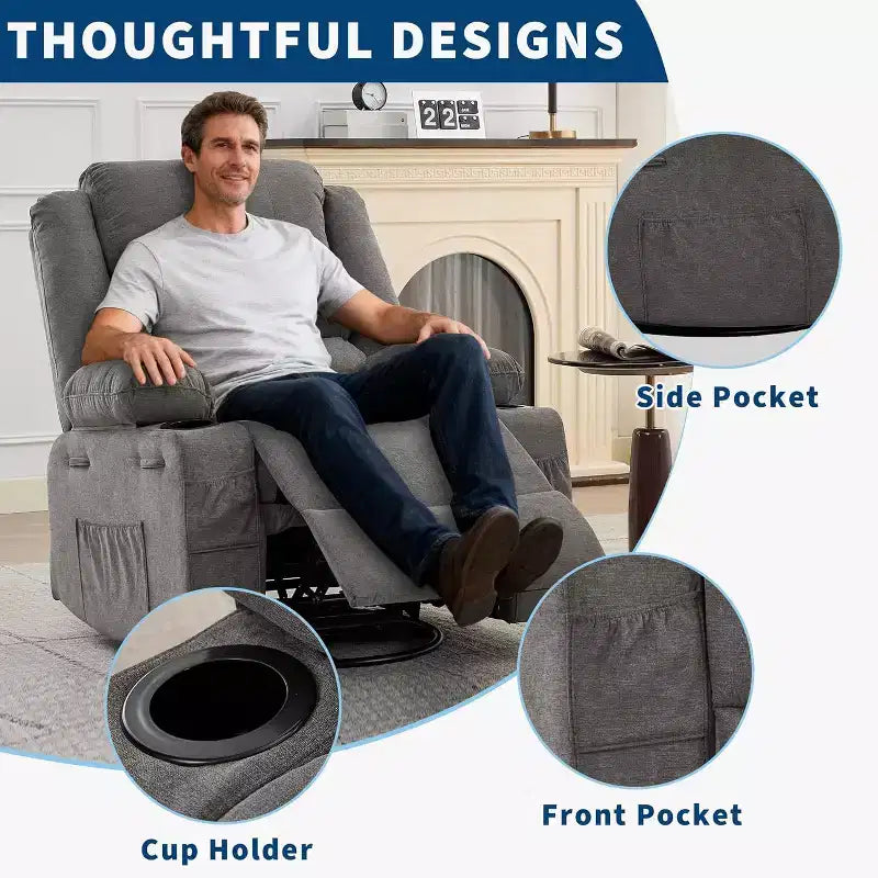 Fauteuil inclinable pivotant à 360° pour adultes, canapé-planeur manuel à bascule avec 3 positions, 2 porte-gobelets, 4 poches pour salon, chambre à coucher