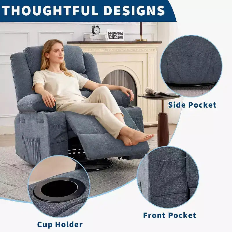 Fauteuil inclinable pivotant à 360° pour adultes, canapé-planeur manuel à bascule avec 3 positions, 2 porte-gobelets, 4 poches pour salon, chambre à coucher