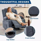 Fauteuil inclinable pivotant à 360° pour adultes, canapé-planeur manuel à bascule avec 3 positions, 2 porte-gobelets, 4 poches pour salon, chambre à coucher
