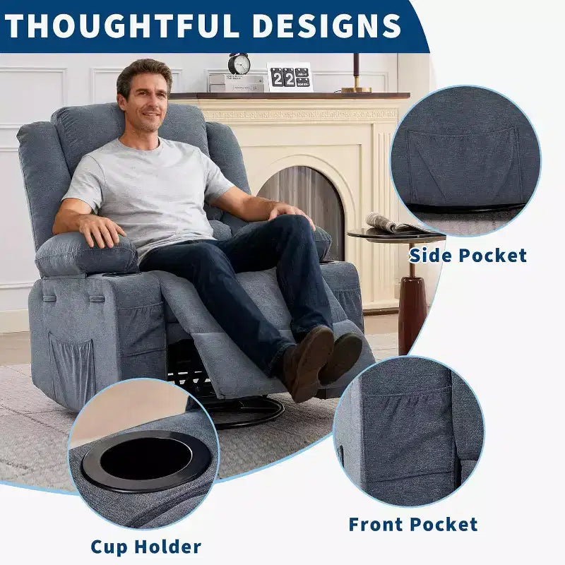 Fauteuil inclinable pivotant à 360° pour adultes, canapé-planeur manuel à bascule avec 3 positions, 2 porte-gobelets, 4 poches pour salon, chambre à coucher