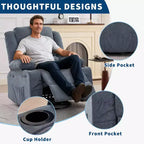 Fauteuil inclinable pivotant à 360° pour adultes, canapé-planeur manuel à bascule avec 3 positions, 2 porte-gobelets, 4 poches pour salon, chambre à coucher