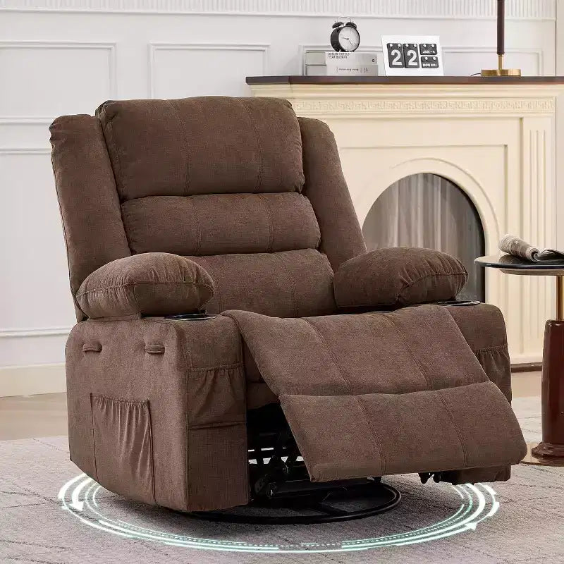 Fauteuil inclinable pivotant à 360° pour adultes, canapé-planeur manuel à bascule avec 3 positions, 2 porte-gobelets, 4 poches pour salon, chambre à coucher