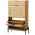 VIYET Slim Rattan Shoe Storage Cabinet,2 Flip Rattan &1 Slide Drawers,Metal Legs,Entryway/Hallway/Closet,Light Wood Color