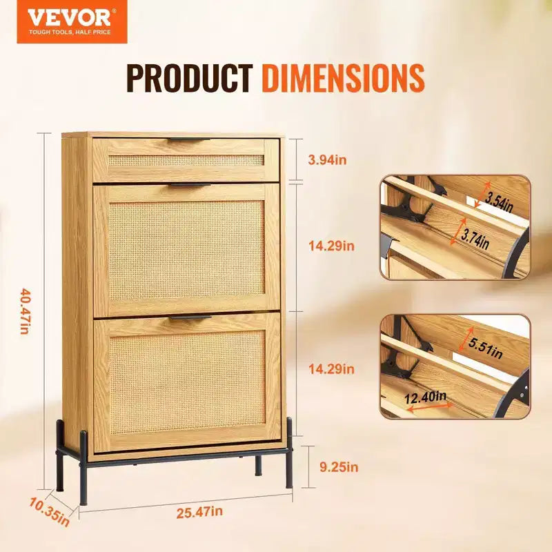 VIYET Meuble à chaussures fin en rotin, 2 abattants en rotin et 1 tiroir coulissant, pieds en métal, pour entrée/couloir/placard, couleur bois clair