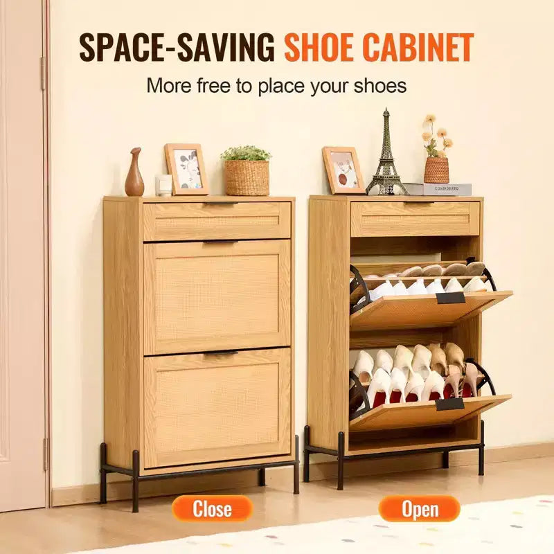 VIYET Meuble à chaussures fin en rotin, 2 abattants en rotin et 1 tiroir coulissant, pieds en métal, pour entrée/couloir/placard, couleur bois clair