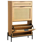 VIYET Meuble à chaussures fin en rotin, 2 abattants en rotin et 1 tiroir coulissant, pieds en métal, pour entrée/couloir/placard, couleur bois clair
