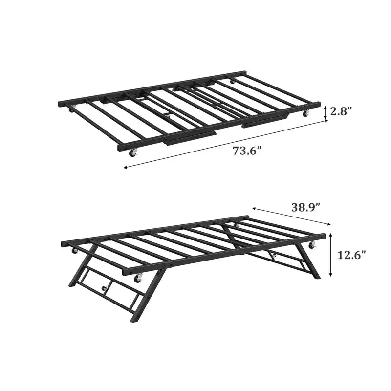 Cadre de lit de repos gigogne simple surélevé avec lattes métalliques et roulettes verrouillables (matelas non inclus)