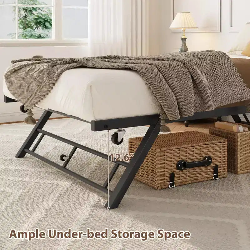 Cadre de lit de repos gigogne simple surélevé avec lattes métalliques et roulettes verrouillables (matelas non inclus)