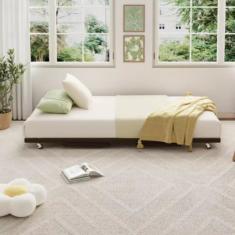 Cadre de lit de repos gigogne simple surélevé avec lattes métalliques et roulettes verrouillables (matelas non inclus)
