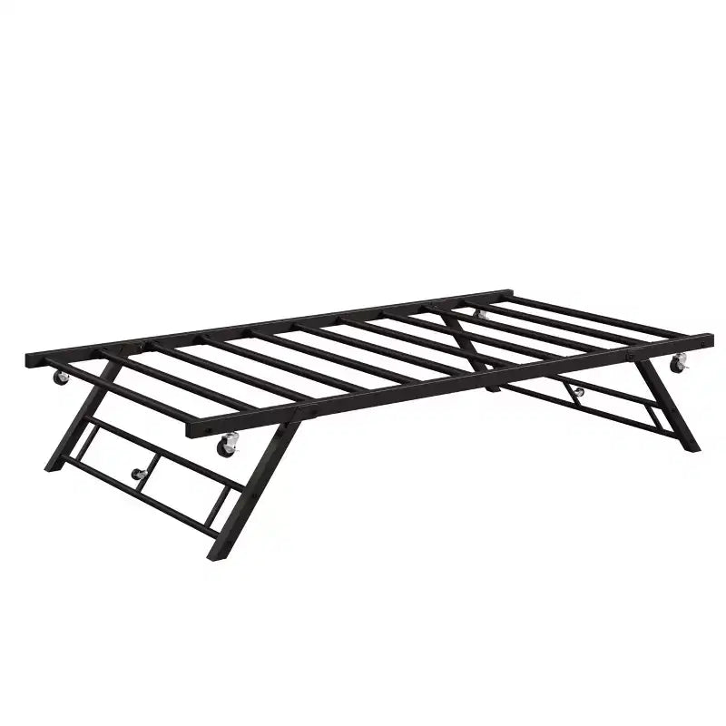 Twin Stand-Up Trundle Day Bed Frame  Pop-Up Lower Bed with Metal Slats & Lockable Casters (Mattress Not Included)