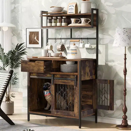 Meuble Crate pour Chien de 31,5 Pouces avec Tiroirs et Station de Charge, Chenil Intérieur à Double Porte avec Rangement, Marron Rustique