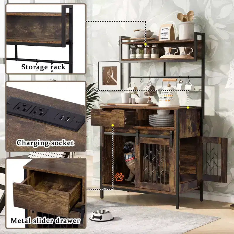 Meuble Crate pour Chien de 31,5 Pouces avec Tiroirs et Station de Charge, Chenil Intérieur à Double Porte avec Rangement, Marron Rustique