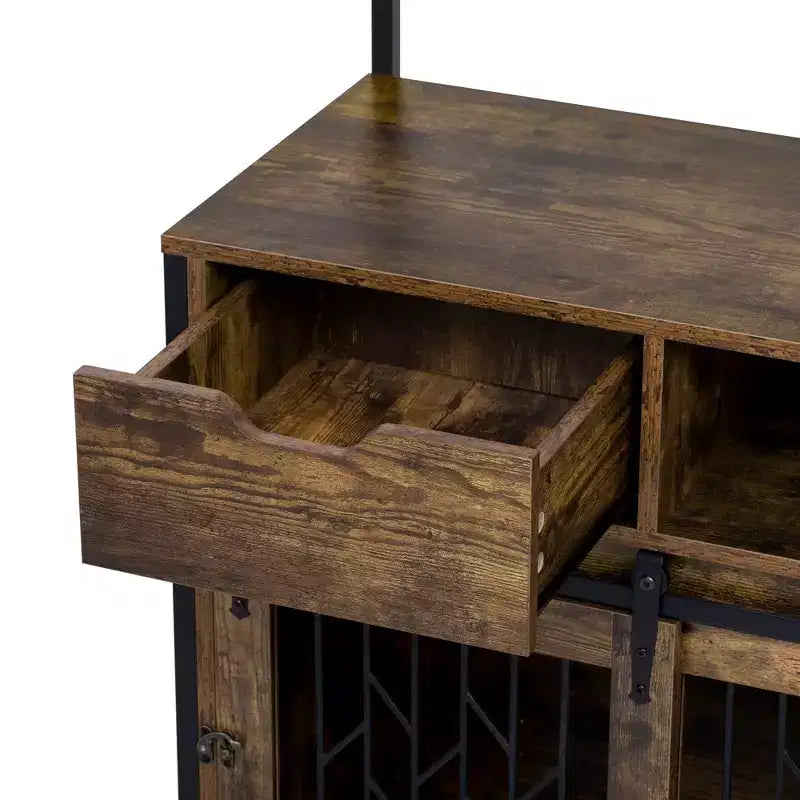 Meuble Crate pour Chien de 31,5 Pouces avec Tiroirs et Station de Charge, Chenil Intérieur à Double Porte avec Rangement, Marron Rustique