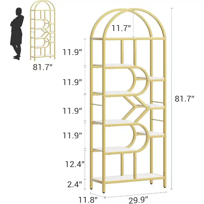Étagère haute moderne à 6 niveaux avec design géométrique arqué - Bibliothèque ouverte de 82 po pour bureau à domicile et organisation de salon