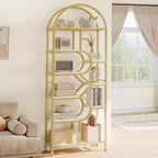 Étagère haute moderne à 6 niveaux avec design géométrique arqué - Bibliothèque ouverte de 82 po pour bureau à domicile et organisation de salon