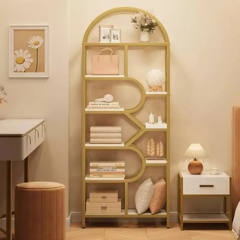 Étagère haute moderne à 6 niveaux avec design géométrique arqué - Bibliothèque ouverte de 82 po pour bureau à domicile et organisation de salon