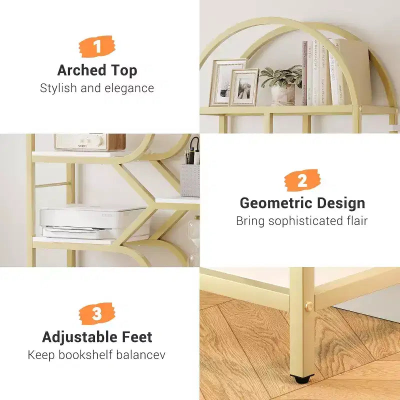Étagère haute moderne à 6 niveaux avec design géométrique arqué - Bibliothèque ouverte de 82 po pour bureau à domicile et organisation de salon
