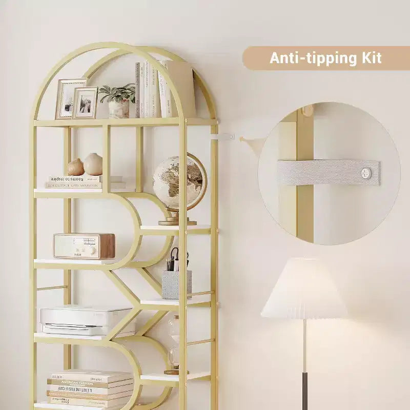 Étagère haute moderne à 6 niveaux avec design géométrique arqué - Bibliothèque ouverte de 82 po pour bureau à domicile et organisation de salon