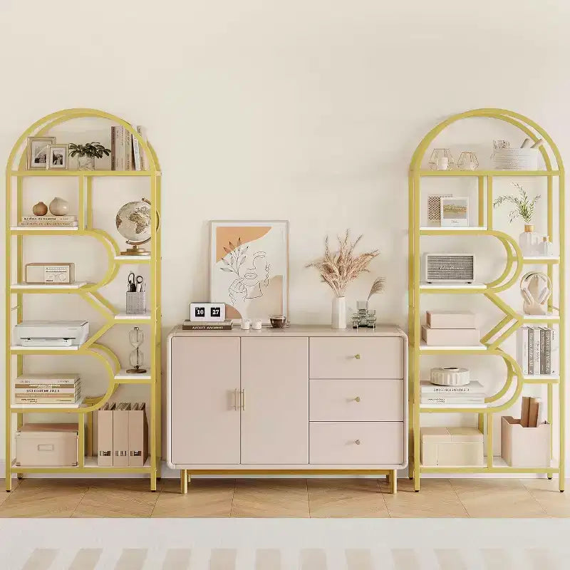 Étagère haute moderne à 6 niveaux avec design géométrique arqué - Bibliothèque ouverte de 82 po pour bureau à domicile et organisation de salon